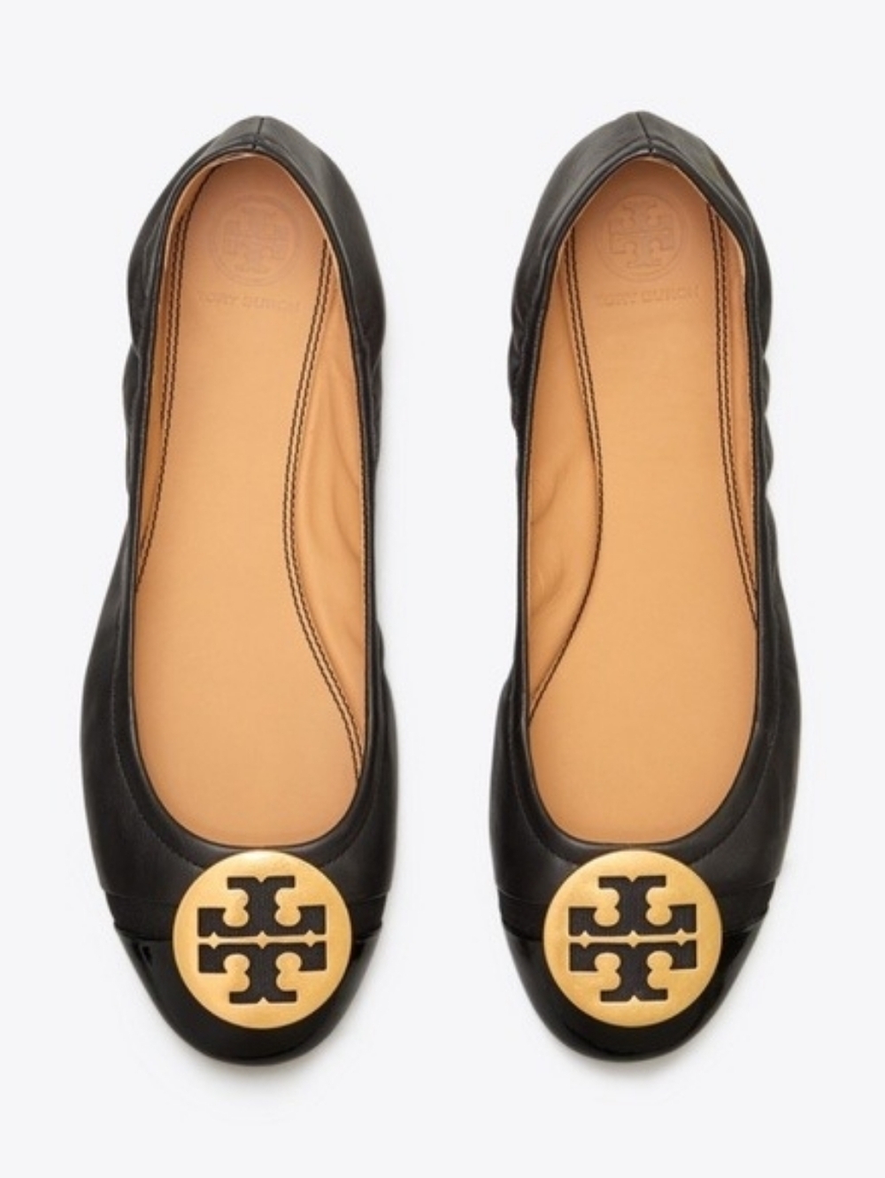 Tory Burch Minnie Cap-Toe Leather Gold-tone logo Medallion Flats Sz 8.5